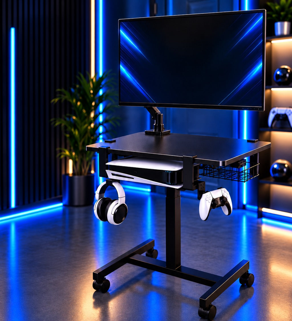 GameGlide Station rolling gaming cart with monitor, horizontally docked console, and headset and controller on side hooks
