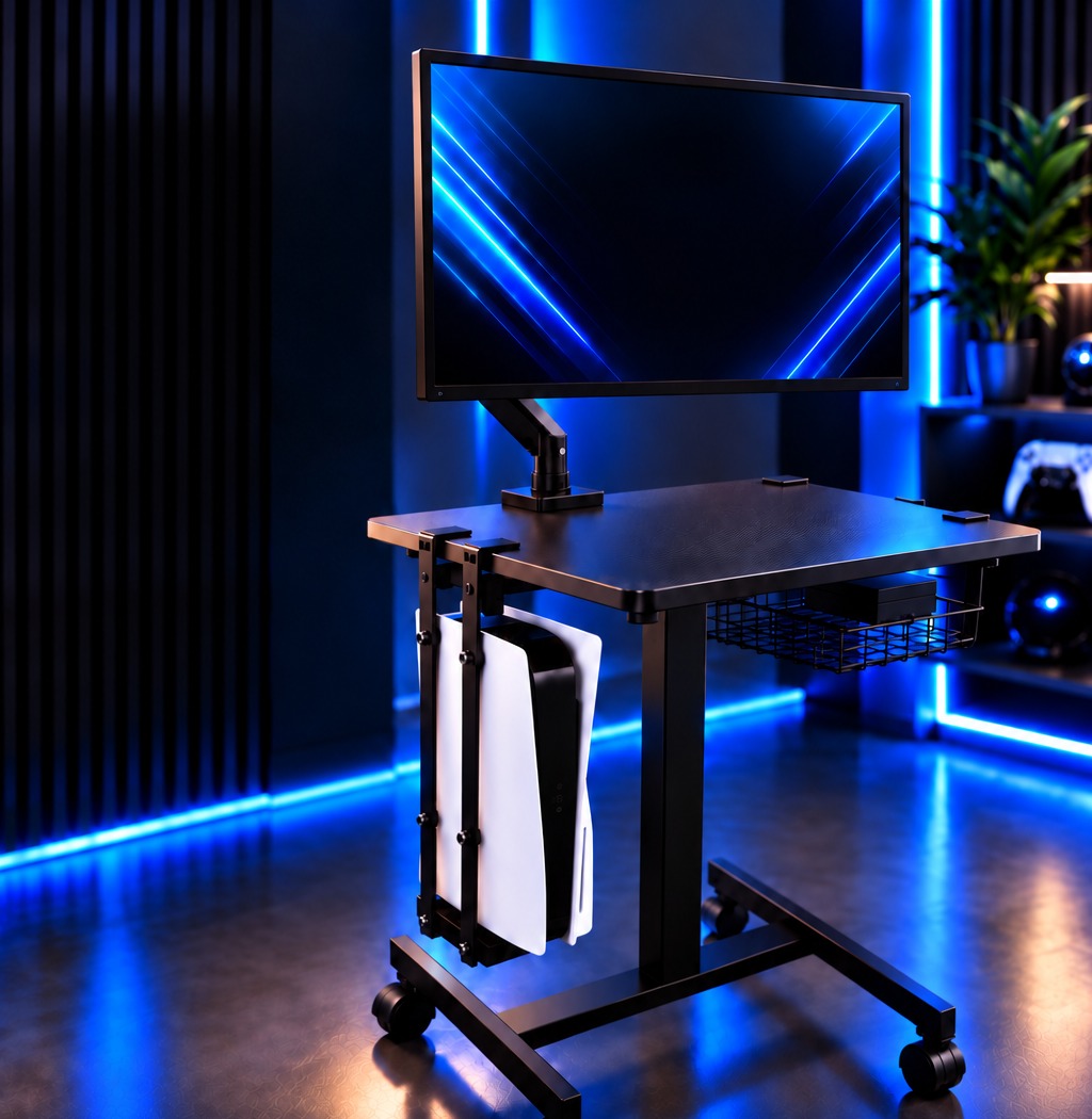 GameGlide Station rolling gaming cart set up as a compact gaming station with monitor and docked console