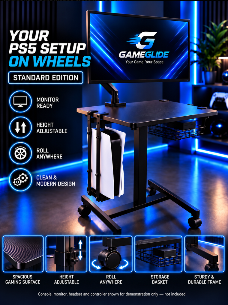 GameGlide PS5 Standard Edition — height-adjustable rolling PS5 gaming cart with monitor arm, console mount, storage basket and four locking casters