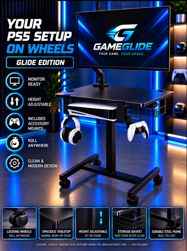 GameGlide PS5 Glide Edition — height-adjustable rolling PS5 gaming cart with monitor arm, horizontal console dock, controller and headset hooks, and storage basket